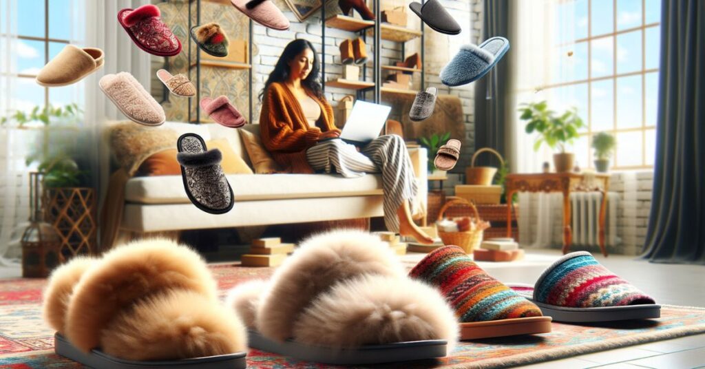 The image features a cozy living room setting. In the center sits a pair of fluffy, warm slippers. The slippers are surrounded by various colorful and stylish pairs, showcasing the variety of options available for every fashion-conscious individual. In the background, a person can be seen typing away on a laptop, representing the convenience of online shopping for these must-have footwear essentials.