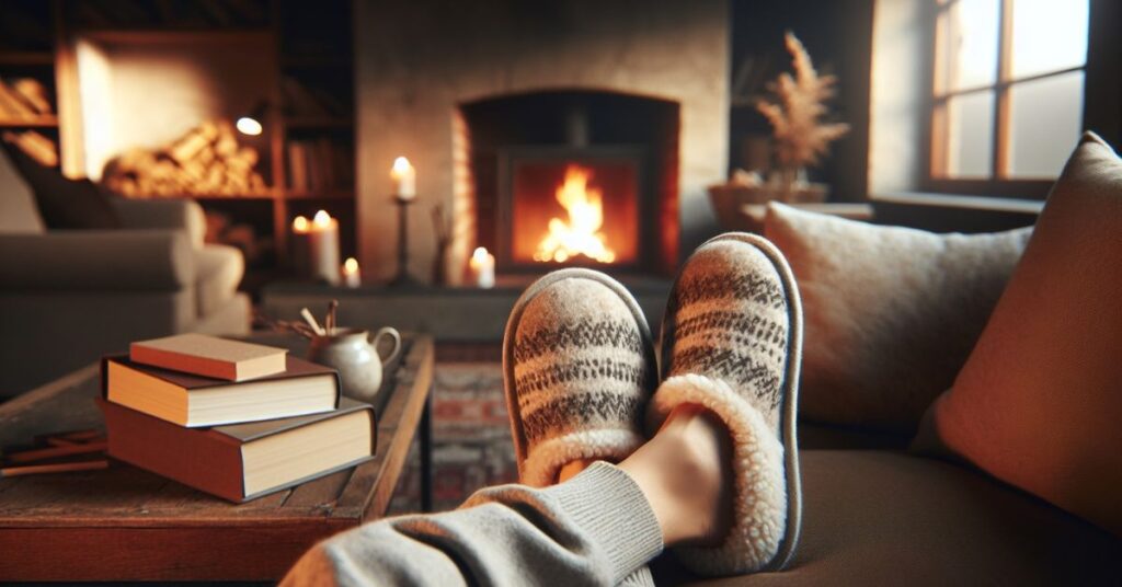 This image emphasizing the benefits of wearing slippers in your home. A person's feet are shown resting comfortably on a soft, plush pair of slippers. In the background, a warm and inviting living room can be seen